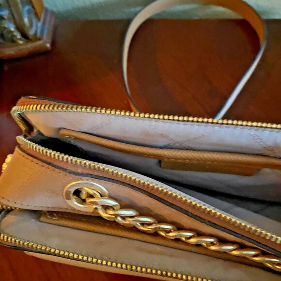 Michael Kors Handbag Purse Brown And Tan Leather Gold Women’s MK Logo - Picture 4 of 5